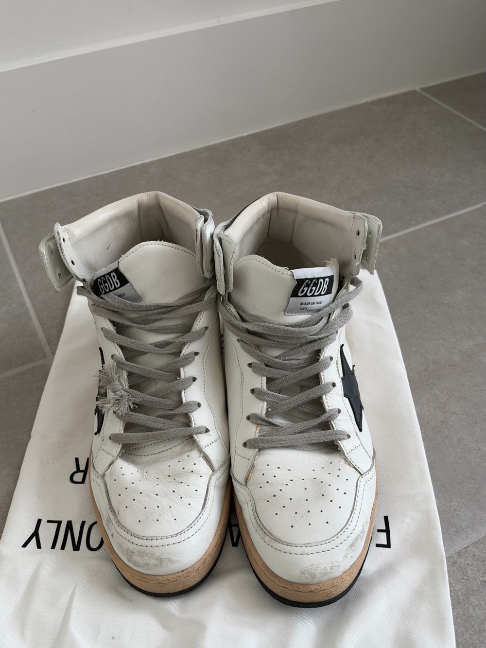 Golden Goose White High-Top Kids Sneakers with Black Star and Tan Sole